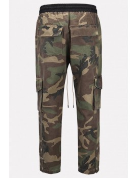 Men Army-green Camo Print Drawstring Waist Casual Cargo Pants