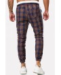 Men Khaki Plaid Stripe Side Drawstring Waist Casual Pants
