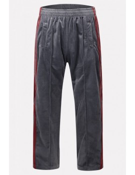 Men Gray Stripe Side Pocket Elastic Waist Velour Casual Pants