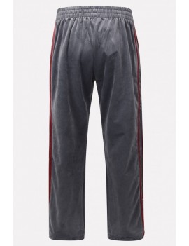 Men Gray Stripe Side Pocket Elastic Waist Velour Casual Pants
