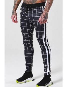 Men Plaid Print Stripe Side Drawstring Waist Casual Pants