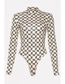 Khaki Print High Cut Mock Neck Long Sleeve Casual Bodysuit