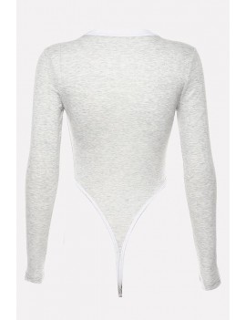 Light-gray High Cut Round Neck Long Sleeve Casual Bodysuit