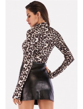 Apricot Leopard Mock Neck Long Sleeve Casual Bodysuit