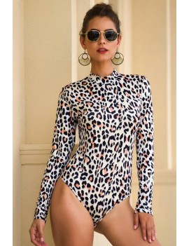 Leopard High Cut Mock Neck Long Sleeve Casual Bodysuit