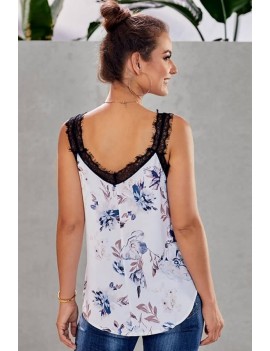 White Floral Print Lace Splicing Casual Tank Top