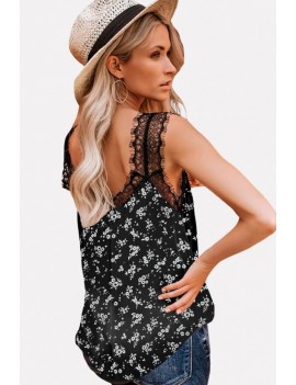 Black Floral Print Lace Splicing Casual Tank Top