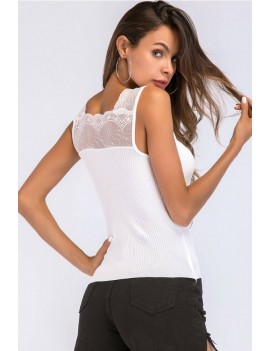 White Lace Splicing V Neck Ribbed Casual Tank Top
