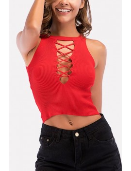 Red Caged Ribbed Crisscross Casual Short Tank Top