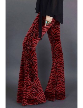 Red Velour Zebra Print Casual Flared Pants