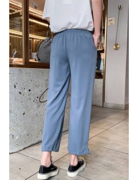Light-blue Pocket Drawstring Elastic Waist Casual Pants