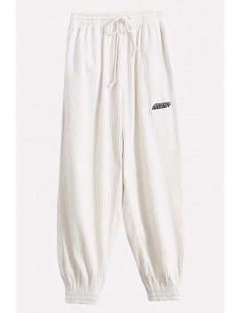 White Corduroy Embroidery Letters Drawstring Waist Casual Pants
