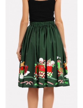 Green Graphic Print Elastic Waist Christmas Skirt