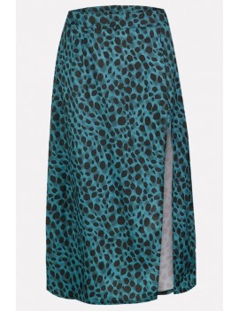 Teal Leopard Slit Casual Midi Skirt