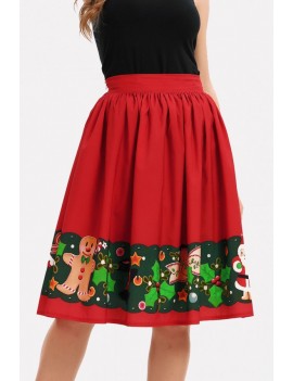 Red Graphic Print Elastic Waist Christmas Skirt