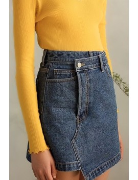 Blue Pocket Asymmetric Hem Chic Denim Mini Skirt