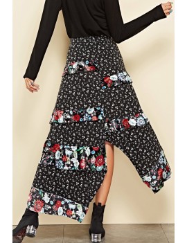 Black Floral Print Ruffles Slit Casual Skirt