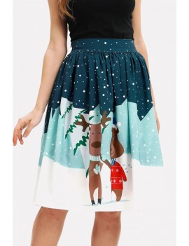 Multi Deer Print Elastic Waist Christmas Skirt