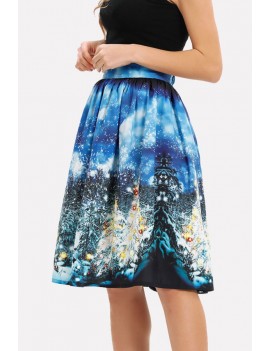 Blue Graphic Print Elastic Waist Christmas Skirt