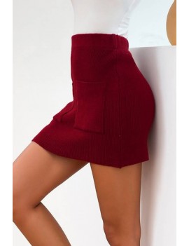 Dark-red Pocket Elastic Waist Casual Bodycon Sweater Skirt