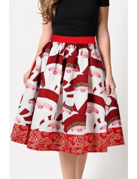 Red Santa Claus Print Elastic Waist Christmas Skirt