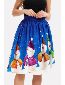 Blue Snowman Print Elastic Waist Christmas Skirt