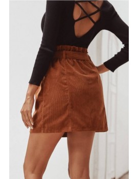Brown Corduroy Button Up Tied Casual Skirt