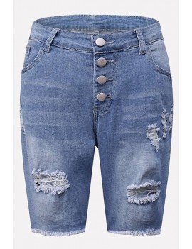 Blue Ripped Distressed Raw Hem Casual Denim Shorts