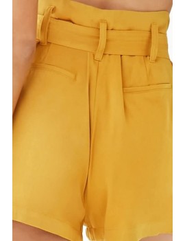 Yellow Pocket Tied Waist Casual Shorts