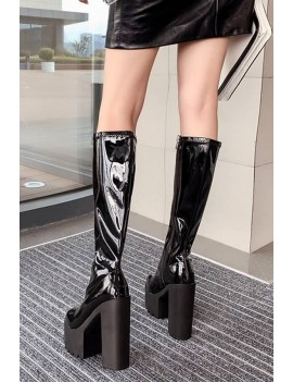 Black Zipper Up Platform Chunky Heel Mid-calf Boots