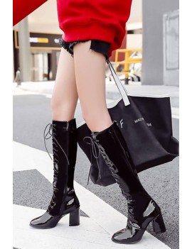 Black Lace Up Zipper Up Chunky Heel Knee High Boots