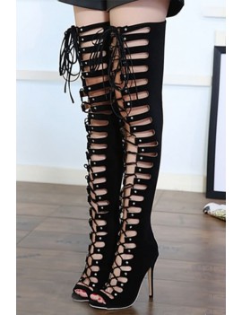 Black Lace Up Peep Toe Stiletto High Heel Thigh-high Boots