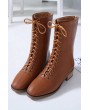 Brown Lace Up Zipper Chunky Heel Mid-calf Boots