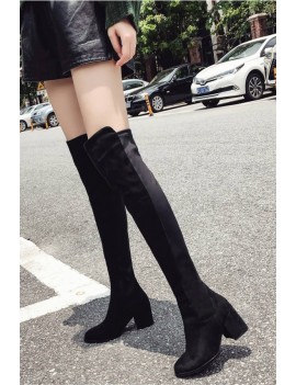 Black Round Toe Chunky Heel Over The Knee Boots