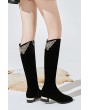 Black Rhinestone Butterfly Side-zip Suede Chunky Heel Thigh-high Boots
