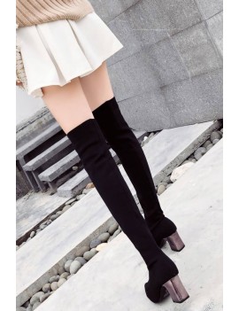 Black Pointed Toe Chunky Heel Over The Knee Boots