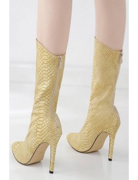 Yellow Snakeskin Print Zipper Up Stiletto Mid-calf Boots