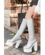 Silver Zipper Up Platform Chunky Heel Knee High Boots