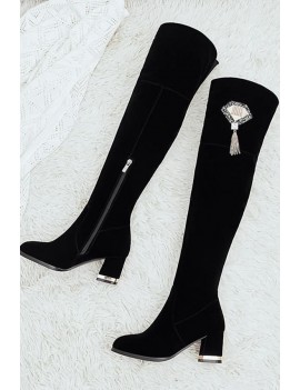 Black Metal Tassel Decor Side-zip Suede Chunky Heel Midi Boots
