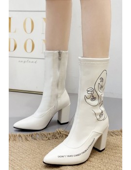 White Graphic Print Zipper Up Chunky Heel Mid-calf Boots