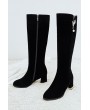 Black Metal Leaf Decor Side-zip Suede Chunky Heel Midi Boots
