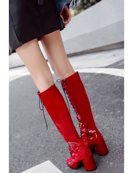 Red Lace Up Zipper Up Chunky Heel Knee High Boots