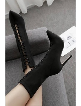 Black Lace Up Pointed Toe Stiletto Heel Mid-calf Boots