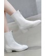 White Zipper Up Square Toe Chunky Heel Mid-calf Boots