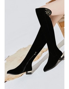 Black Embroidered Zipper Suede Chunky Heel Thigh-high Boots