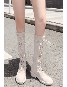 Apricot Lace Up Round Toe Low Heel Mid-calf Boots