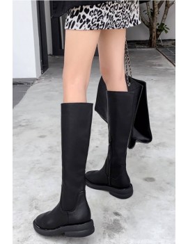 Black Zipper Up Round Toe Low Heel Mid-calf Boots