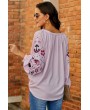 Floral Embroidery V Neck Long Sleeve Casual Blouse