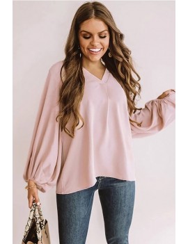 Pink V Neck Puff Sleeve Casual Blouse