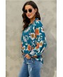 Blue Floral Print Long Sleeve Casual Blouse